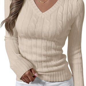 Elegant Women's V Neck Long Sleeve Cable Knit Sweater for Fall Fashion - Apricot